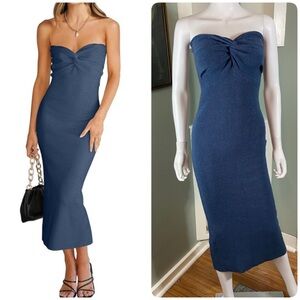 Strapless Sweater Bodycon MIDI Form Fitting Blue Dress Bust Knot Small S